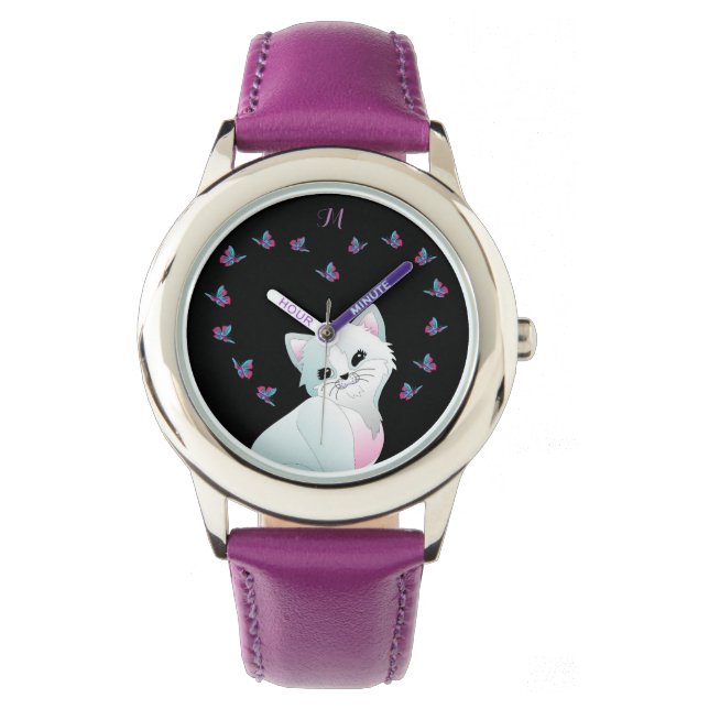 Leuke kat Monogram Paarse Horloge (Voorkant)
