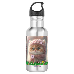 Leuke Kat Roze Gebreide Haarsjaal Bloemen Tuin Cus Waterfles