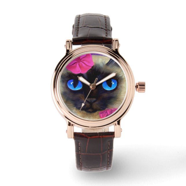 Leuke kat Siamese Gezicht Illustratie Pols Horloge (Voorkant)