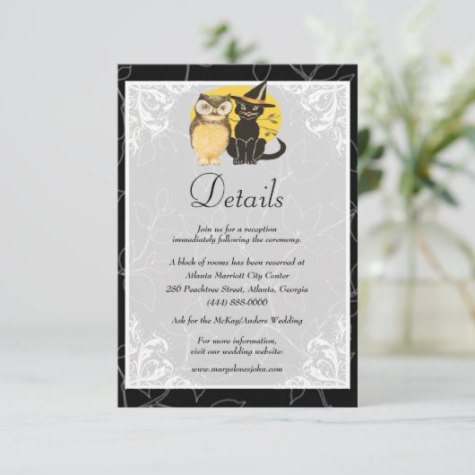 Leuke Kat & Uil Halloween Bruiloft Details Informatiekaartje (Staand voorkant)