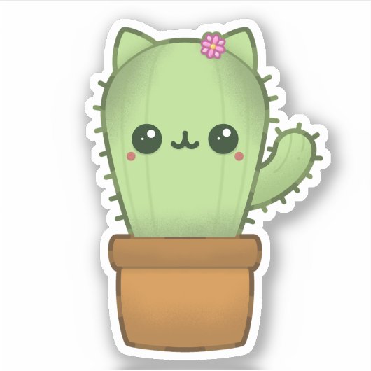 Leuke Kawaii Cartoon Kat Cactus Sticker (Voorkant)