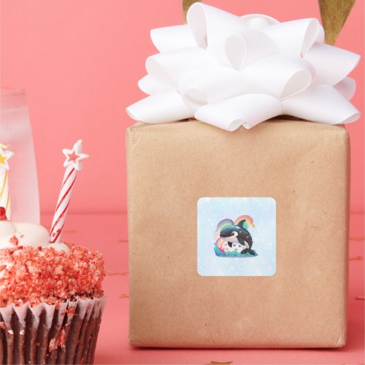 Leuke kawaii orka killer walvis regenbogen vlinder vierkante sticker (Feest)