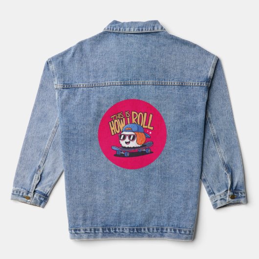 Leuke Kawaii Sushi op skateboard Denim Jacket (Achterkant)