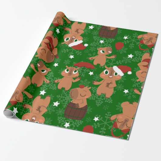 Leuke kerst Capybara Santa sneeuwvlokken Cadeaupapier (Uitgerold)