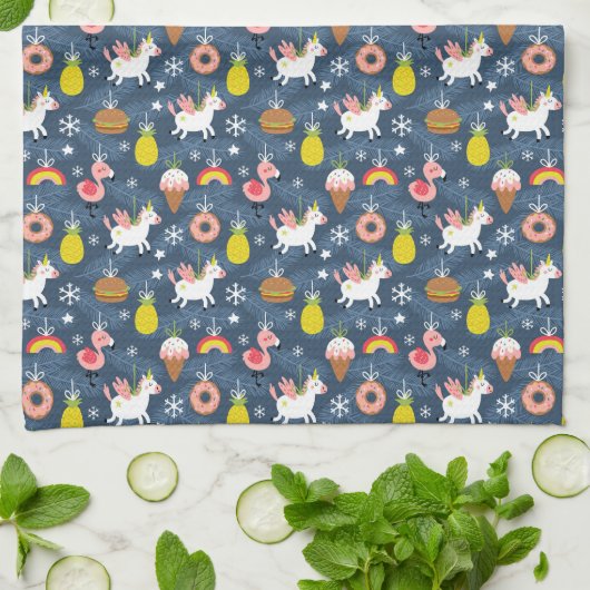 Leuke Kerst Eenhoorns en Flamingo's Patroon Theedoek (Gevouwen)