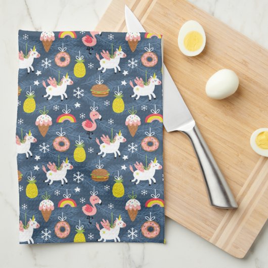 Leuke Kerst Eenhoorns en Flamingo's Patroon Theedoek (Quarter Fold)