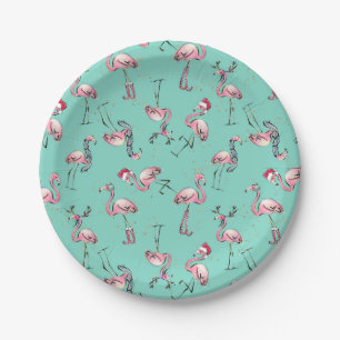 Leuke kerst flamingo's met kerstmutsen papieren bordje