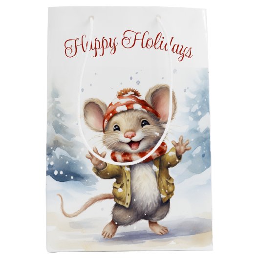 Leuke kerst muis in sneeuwvlokken medium cadeauzakje (Voorkant)