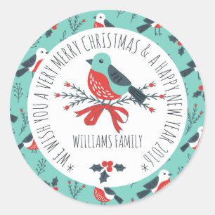 Leuke Kerst Vogel Patroon Tekst Sjabloon Ronde Sticker