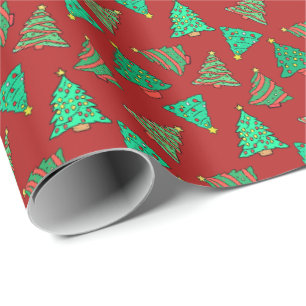 Leuke kerstbomen rood met patroon cadeaupapier