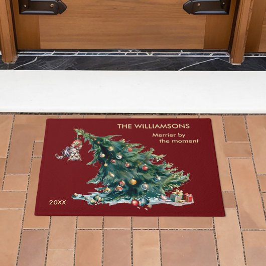 Leuke Kerstboom Dangling Kat Foto Deurmat