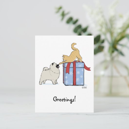 Leuke Kerstmis van het Puppy Keeshond en van het Feestdagenkaart (Staand voorkant)