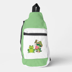 Leuke kikker, paddenstoelen en vlinder sling bag
