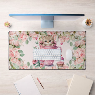 Leuke kitten kat in Cup Blush Roze Rozen Bloemen Bureaumat