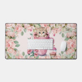 Leuke kitten kat in Cup Blush Roze Rozen Bloemen Bureaumat (Keyboard & Muis)