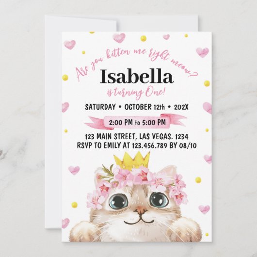 Leuke kitten verjaardag uitnodiging kat party (Voorkant)