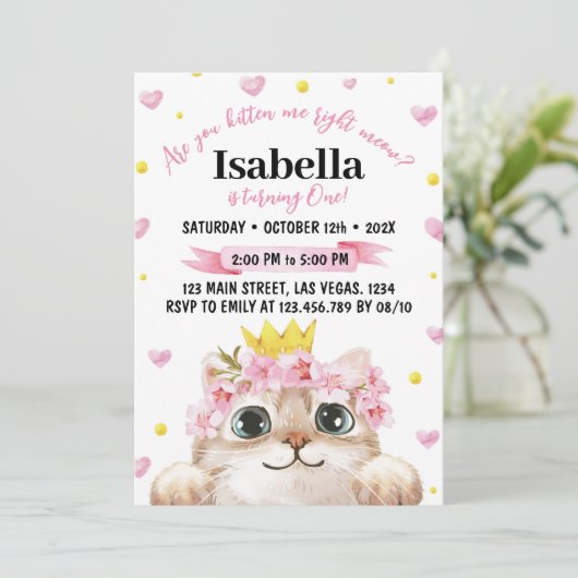 Leuke kitten verjaardag uitnodiging kat party (Staand voorkant)