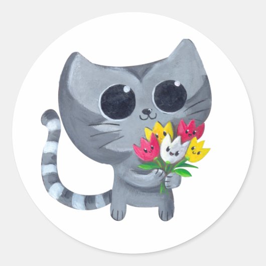 Leuke Kitty Kat en bloemen Ronde Sticker (Voorkant)