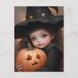 Leuke kleine heks met haar Halloween pompoen Briefkaart
