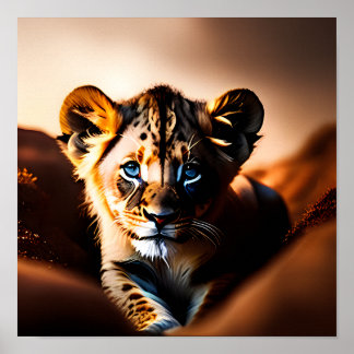 Leuke kleine leeuwenkubje met blauwe ogen poster