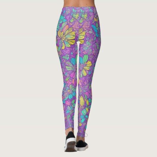 Leuke Kleur Paarse Boho Hippie Bloemenpatroon Leggings (Achterkant)
