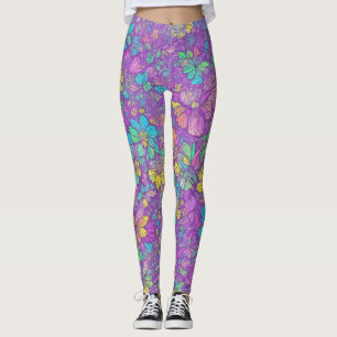 Leuke Kleur Paarse Boho Hippie Bloemenpatroon Leggings