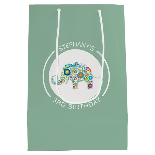 Leuke kleurrijke bloemen olifant monogram medium cadeauzakje (Achterkant)