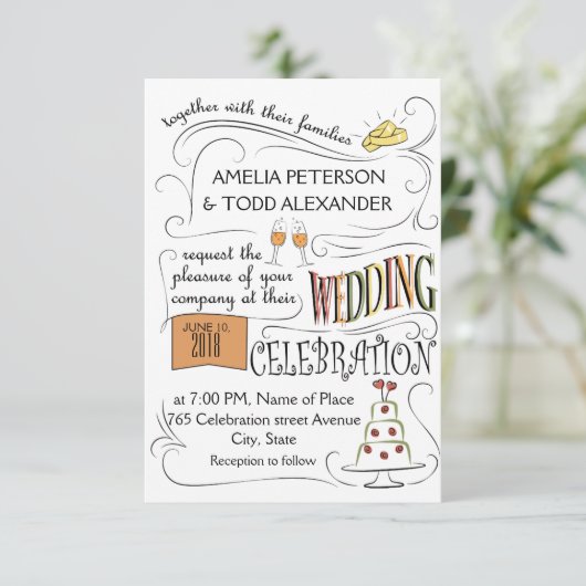 Leuke, kleurrijke bruiloft uitnodiging ontwerp. (Staand voorkant)