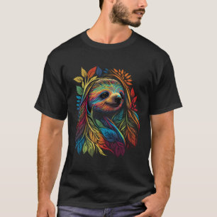 Leuke kleurrijke luiaard gezicht regenboog bloemen t-shirt