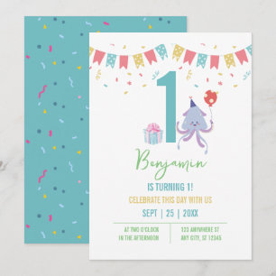 Leuke kleurrijke octopus ballon banners 1e verjaar kaart