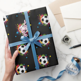 Leuke kleurrijke Voetballen sportpatroon op zwart Cadeaupapier