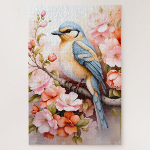 Leuke kleurrijke vogel op een tak met bloemen legpuzzel