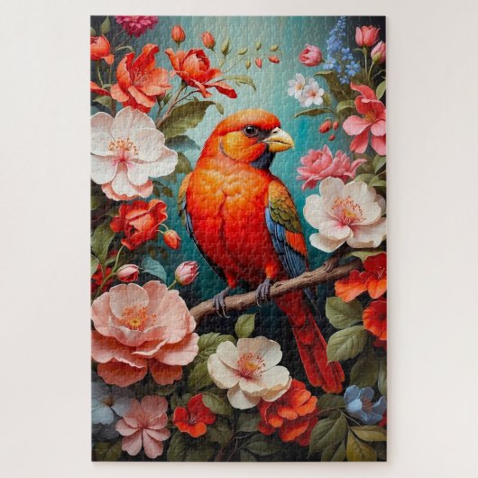 Leuke kleurrijke vogel op een tak met bloemen legpuzzel (Verticaal)
