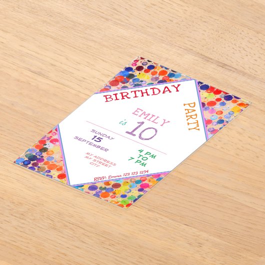 Leuke kleurrijke Waterverf Paint Blots Kids Verjaa Acryl Uitnodigingen (Laagn)