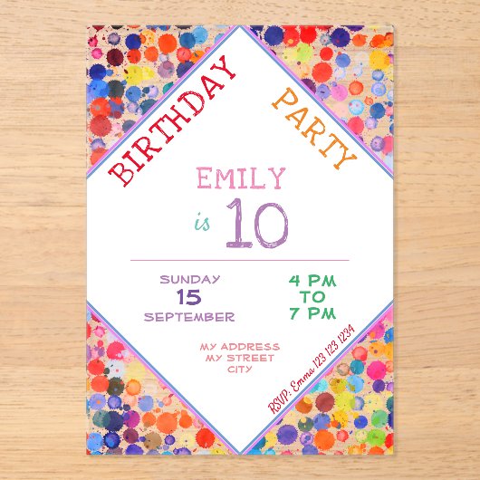 Leuke kleurrijke Waterverf Paint Blots Kids Verjaa Acryl Uitnodigingen (Voorkant)
