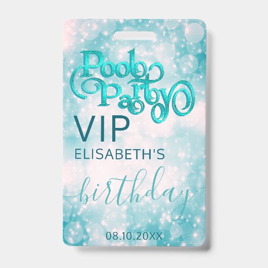 Leuke koele glitterscript zwembadfeest VIP-badge Badge (Voorzijde)