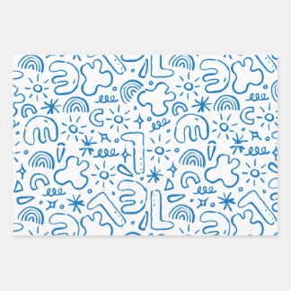 leuke krabbel tekeningen, marineblauw, pastelblauw inpakpapier vel