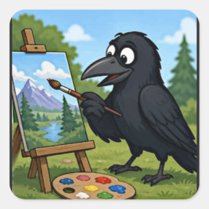 Leuke Kunstenaar Kraai Schildert Landschapskunst Vierkante Sticker