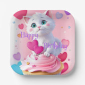 Leuke Leuke Witte Kitten Cupcake Girly Verjaardags Papieren Bordje (Voorkant)