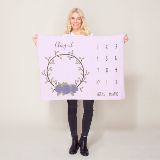 Leuke Lila bloemenkrans Baby Milestone Fleece Deken (In situ)