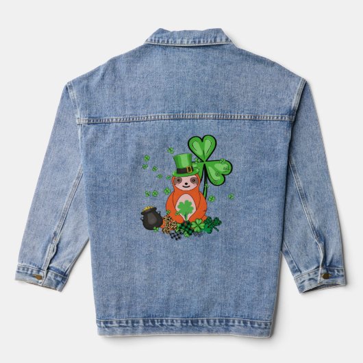 Leuke luiaard Shamrock C Lazy St Patricks Dag Denim Jacket (Achterkant)