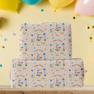 Leuke Luiaard Verjaardagsfeestje Blauwe Thema Kind Cadeaupapier