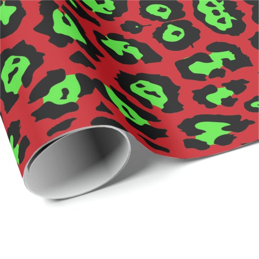 Leuke luipaardprint dierenpatroon neon groen rood cadeaupapier (Rol Hoek)