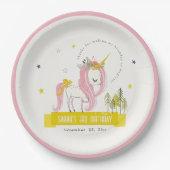 Leuke Magische Eenhoorn Roze Gele Kids Verjaardag Papieren Bordje (Voorkant)