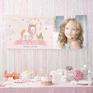 Leuke Magische Eenhoorn Roze Kinder Foto Verjaarda Spandoek