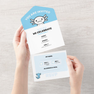 Leuke malle Axolotl-club aangepaste bewerkbare bla All In One Uitnodiging