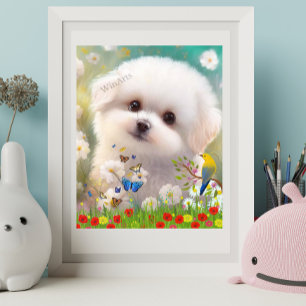 Leuke Maltese witte puppy hond in Floral Garden Ar Poster