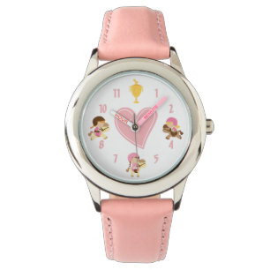 Leuke meisjes paardrijden pony's en roze hart paar horloge