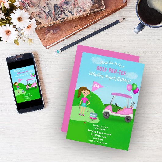 Leuke meisjesgolf-thema verjaardagsfeestje kaart
