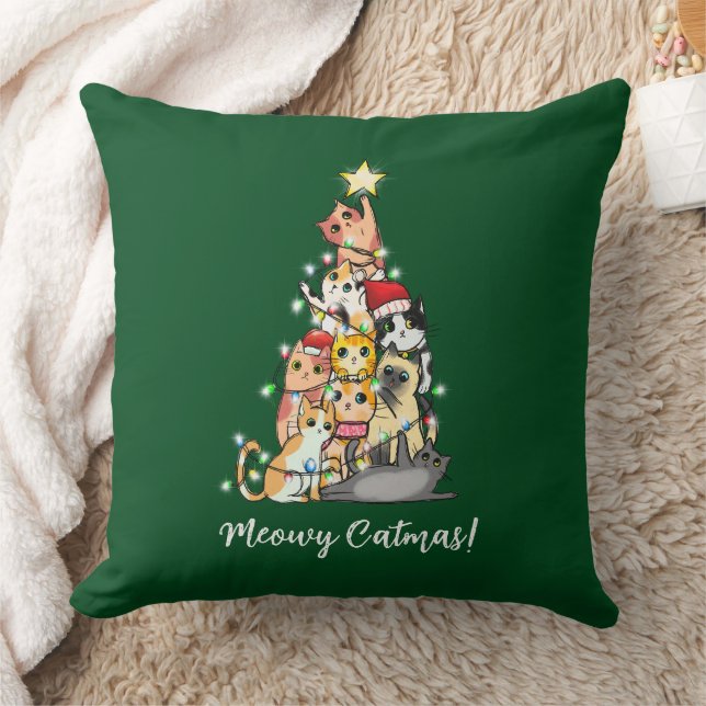 Leuke Meowy Catmas Katten Kerstboom Groen Kussen (Deken)